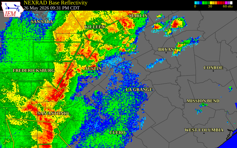 NEXRAD radar during the Tuesday, May 26, 2026 storm activity in Blanco County, Texas