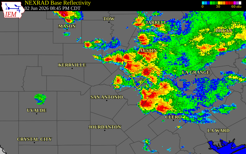 NEXRAD radar during the Tuesday, June 2, 2026 storm activity in Blanco County, Texas