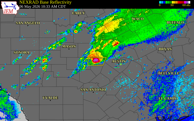 Radar snapshot during the May 6, 2026 hail event near 4 WSW Round Mountain, Blanco County, Texas, with NWS warning polygons