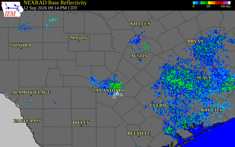 Current NEXRAD radar over Blanco County, Texas with recent storm report locations