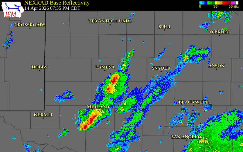 NEXRAD radar during the Tuesday, April 14, 2026 storm activity in Borden County, Texas