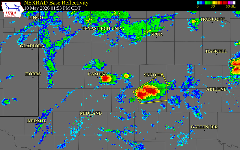 NEXRAD radar during the Sunday, May 10, 2026 storm activity in Borden County, Texas