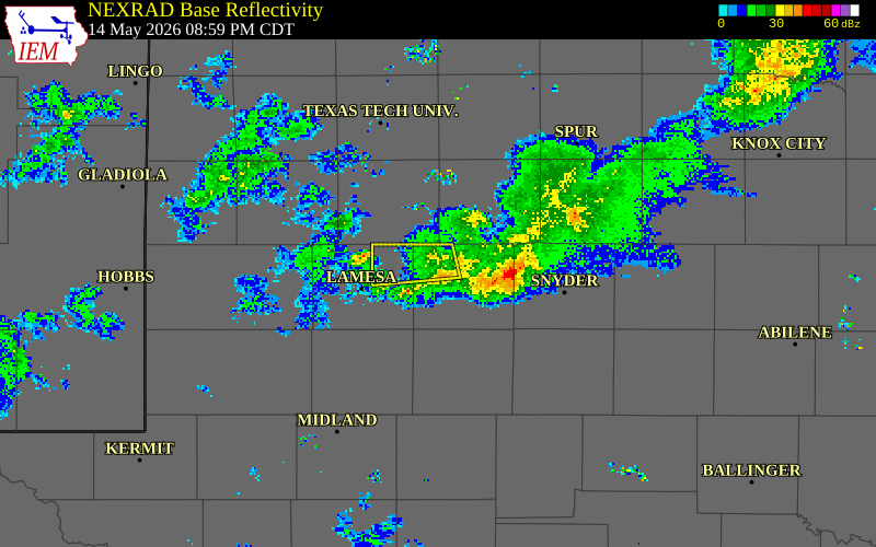 NEXRAD radar during the Thursday, May 14, 2026 storm activity in Borden County, Texas