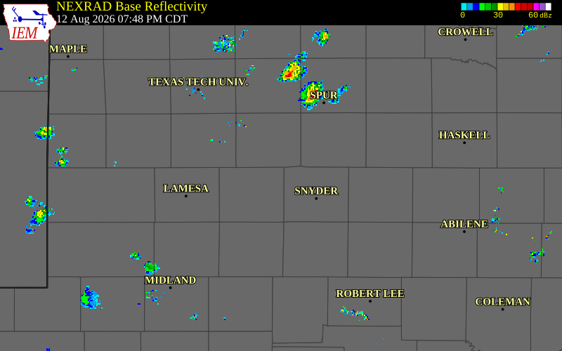 NEXRAD radar during the Wednesday, August 12, 2026 storm activity in Borden County, Texas