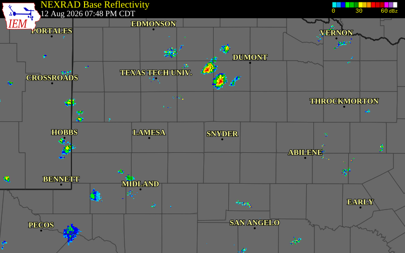 Radar snapshot during the Aug 12, 2026 wind event near 3 WNW Fluvanna, Borden County, Texas, with NWS warning polygons