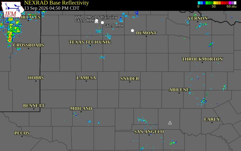 Current NEXRAD radar over Borden County, Texas with recent storm report locations
