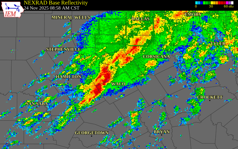 NEXRAD radar during the Monday, November 24, 2025 storm activity in Bosque County, Texas