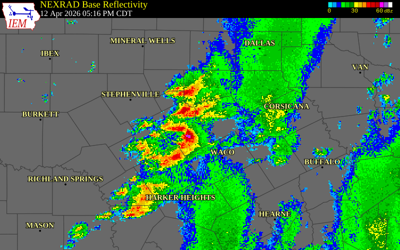 NEXRAD radar during the Sunday, April 12, 2026 storm activity in Bosque County, Texas