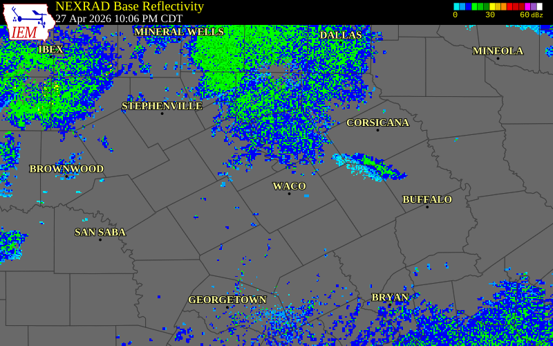 NEXRAD radar during the Monday, April 27, 2026 storm activity in Bosque County, Texas