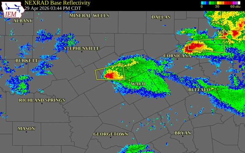 NEXRAD radar during the Wednesday, April 29, 2026 storm activity in Bosque County, Texas