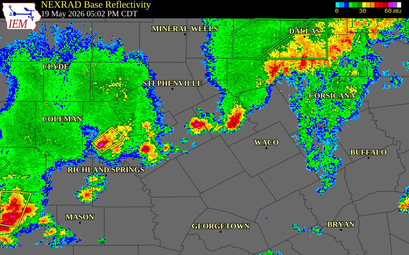NEXRAD radar during the Tuesday, May 19, 2026 storm activity in Bosque County, Texas
