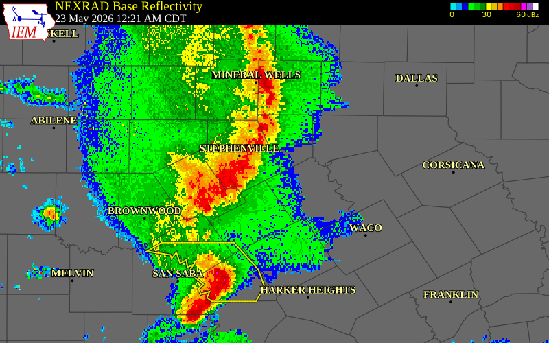 NEXRAD radar during the Saturday, May 23, 2026 storm activity in Bosque County, Texas