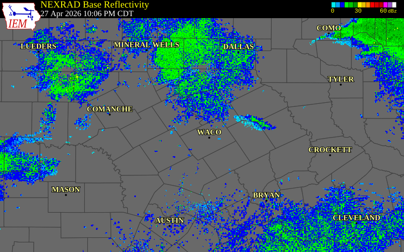 Radar snapshot during the Apr 27, 2026 hail event near 4 WNW Gholson, Bosque County, Texas, with NWS warning polygons
