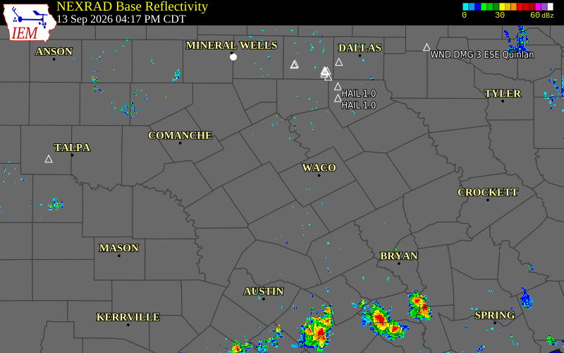 Current NEXRAD radar over Bosque County, Texas with recent storm report locations