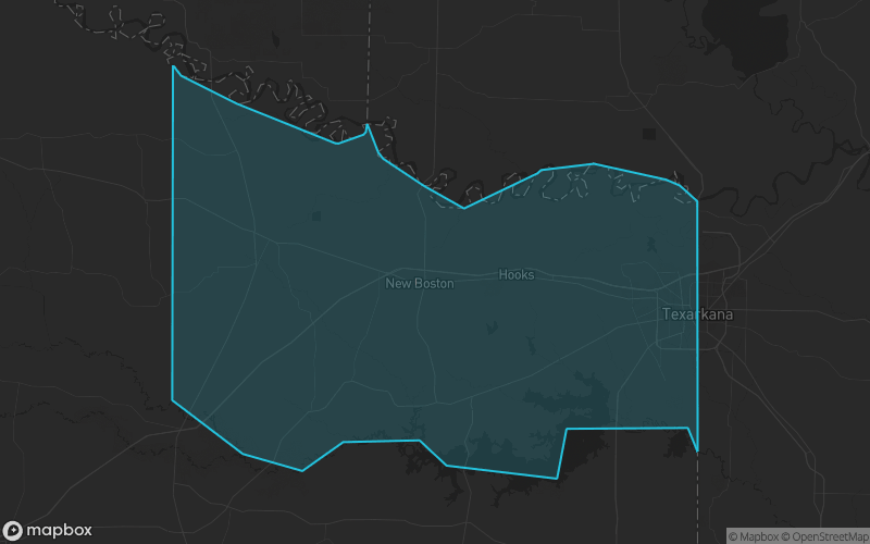 Map of Bowie County, Texas showing the county boundary and surrounding cities