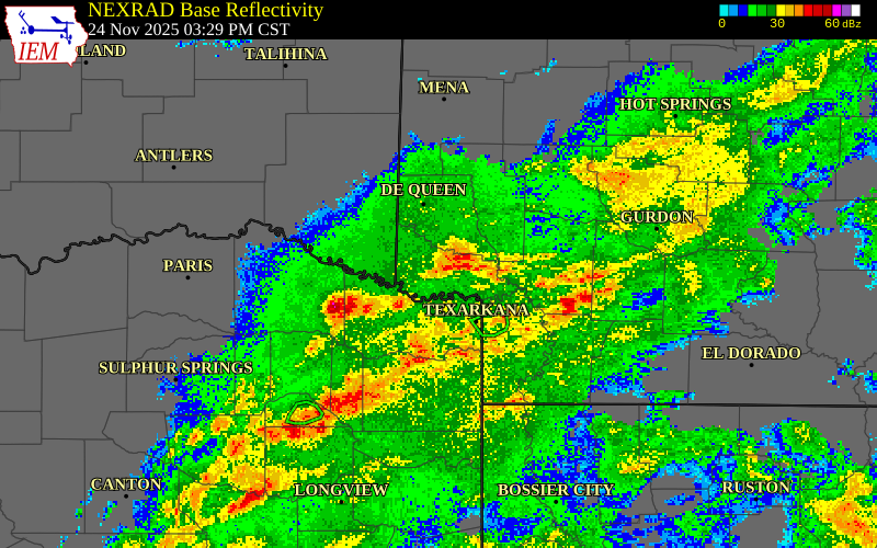 NEXRAD radar during the Monday, November 24, 2025 storm activity in Bowie County, Texas