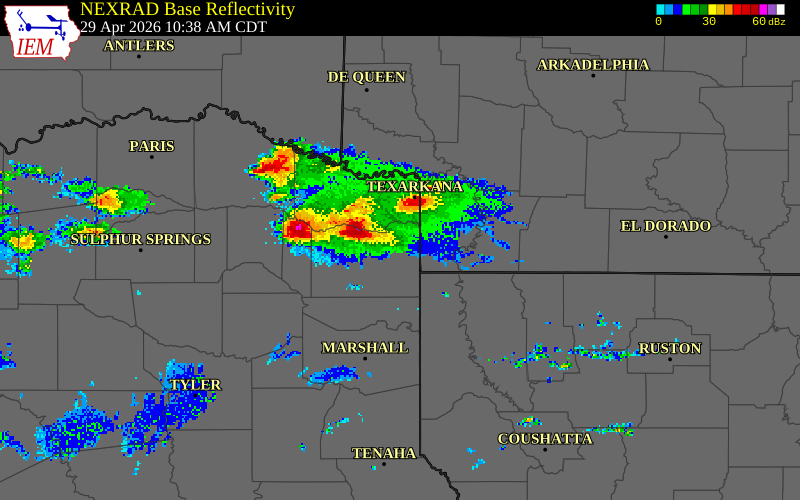 NEXRAD radar during the Wednesday, April 29, 2026 storm activity in Bowie County, Texas