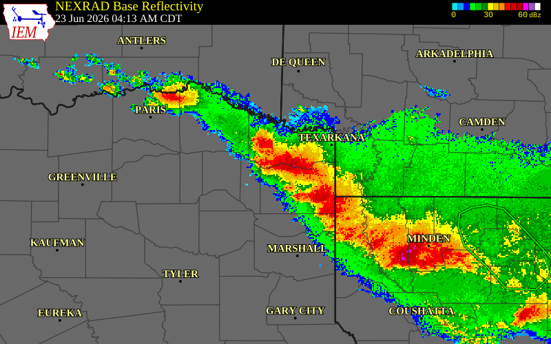 NEXRAD radar during the Tuesday, June 23, 2026 storm activity in Bowie County, Texas