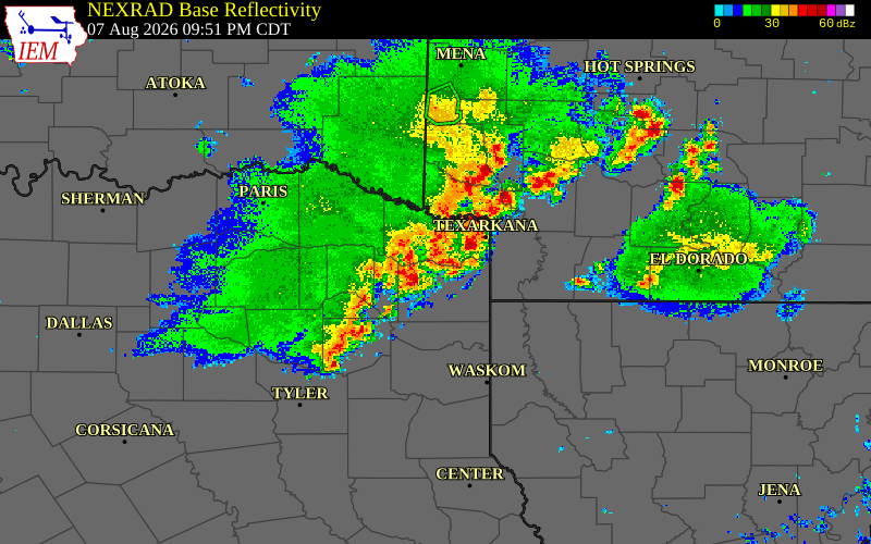 Radar snapshot during the Aug 7, 2026 hail event near Bowie County, Bowie County, Texas, with NWS warning polygons