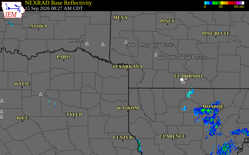Current NEXRAD radar over Bowie County, Texas with recent storm report locations