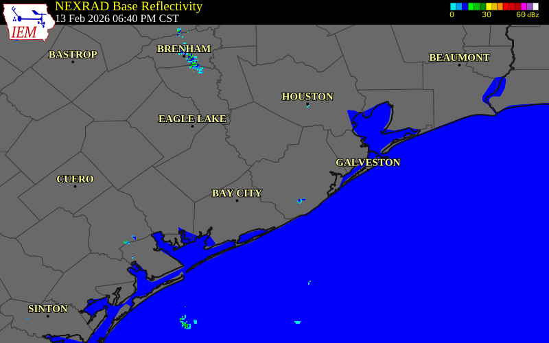 NEXRAD radar during the Friday, February 13, 2026 storm activity in Brazoria County, Texas