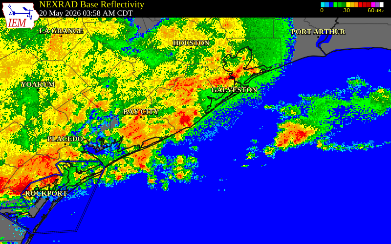 NEXRAD radar during the Wednesday, May 20, 2026 storm activity in Brazoria County, Texas