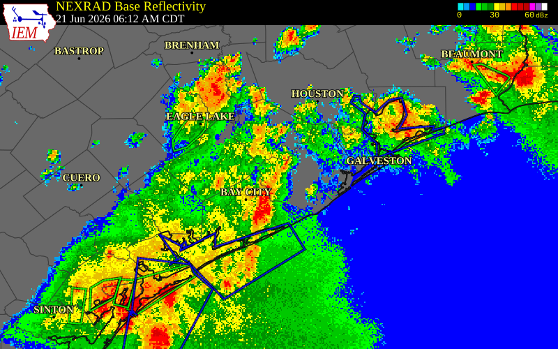 NEXRAD radar during the Sunday, June 21, 2026 storm activity in Brazoria County, Texas