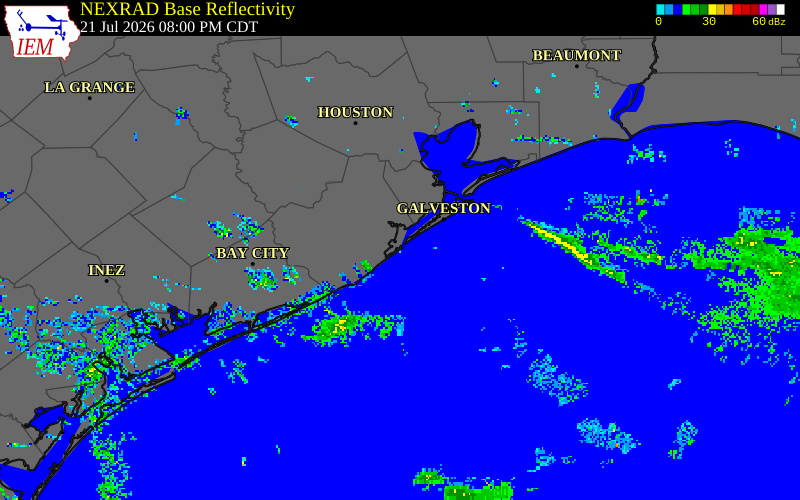 NEXRAD radar during the Tuesday, July 21, 2026 storm activity in Brazoria County, Texas