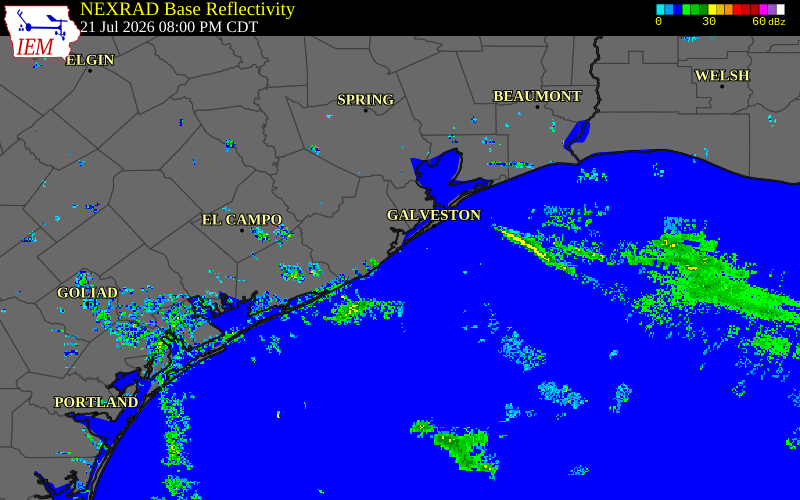 Radar snapshot during the Jul 21, 2026 wind event near 11 NE Surfside Beach, Brazoria County, Texas, with NWS warning polygons