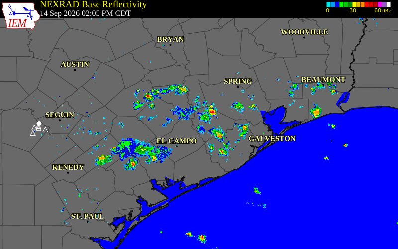 Current NEXRAD radar over Brazoria County, Texas with recent storm report locations