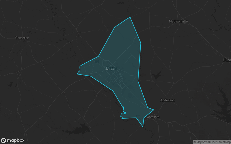 Map of Brazos County, Texas showing the county boundary and surrounding cities