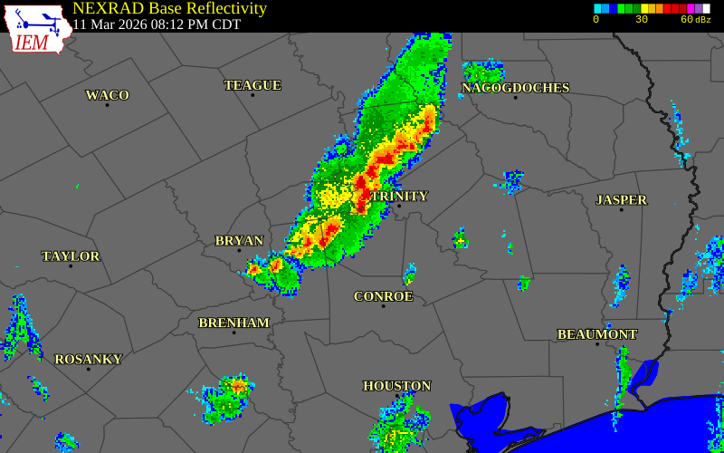 NEXRAD radar during the Wednesday, March 11, 2026 storm activity in Brazos County, Texas