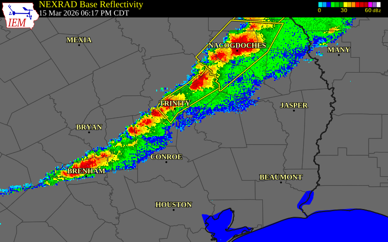 NEXRAD radar during the Sunday, March 15, 2026 storm activity in Brazos County, Texas