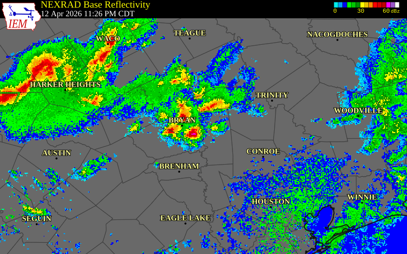 NEXRAD radar during the Sunday, April 12, 2026 storm activity in Brazos County, Texas