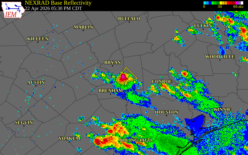NEXRAD radar during the Wednesday, April 22, 2026 storm activity in Brazos County, Texas