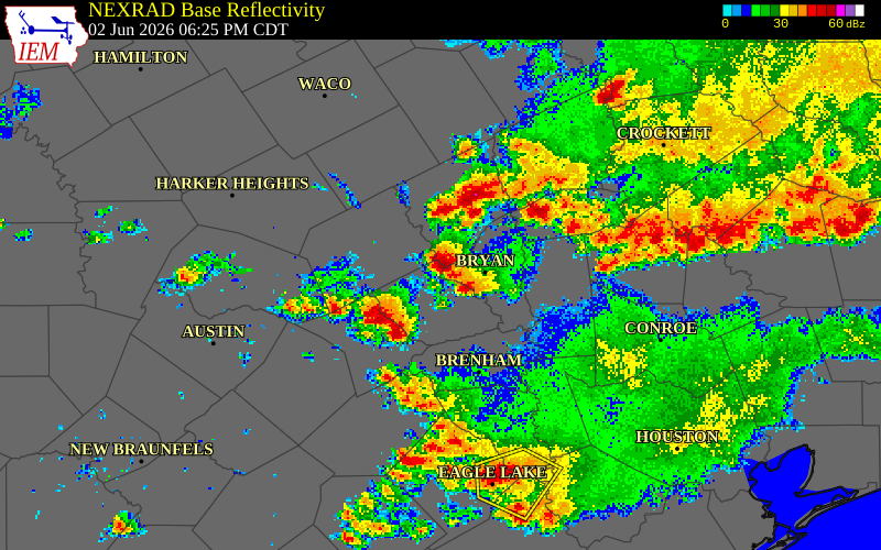 NEXRAD radar during the Tuesday, June 2, 2026 storm activity in Brazos County, Texas