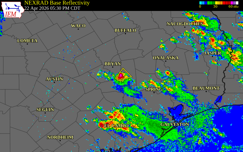 Radar snapshot during the Apr 22, 2026 hail event near 6 NW Navasota, Brazos County, Texas, with NWS warning polygons
