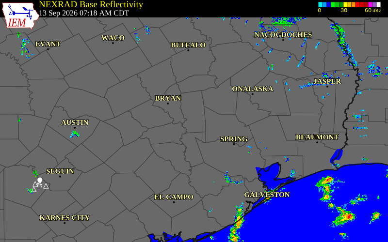 Current NEXRAD radar over Brazos County, Texas with recent storm report locations