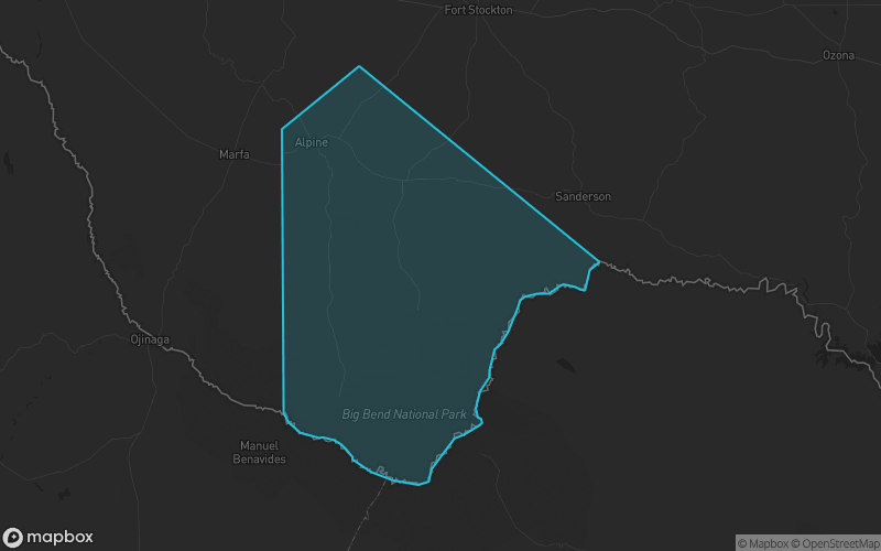 Map of Brewster County, Texas showing the county boundary and surrounding cities