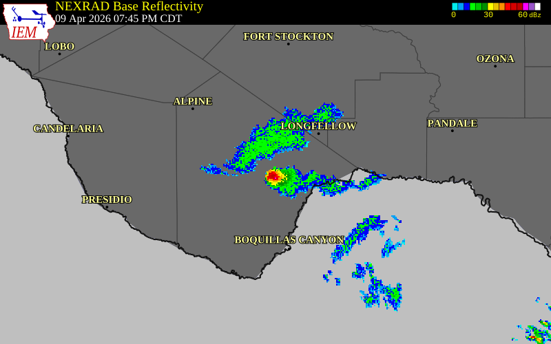 NEXRAD radar during the Thursday, April 9, 2026 storm activity in Brewster County, Texas