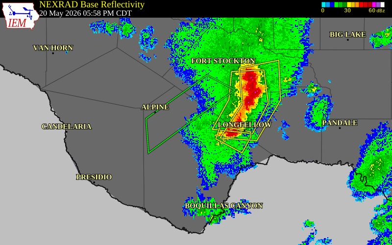 NEXRAD radar during the Wednesday, May 20, 2026 storm activity in Brewster County, Texas