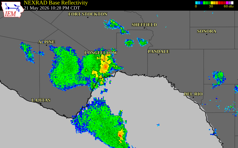 NEXRAD radar during the Thursday, May 21, 2026 storm activity in Brewster County, Texas
