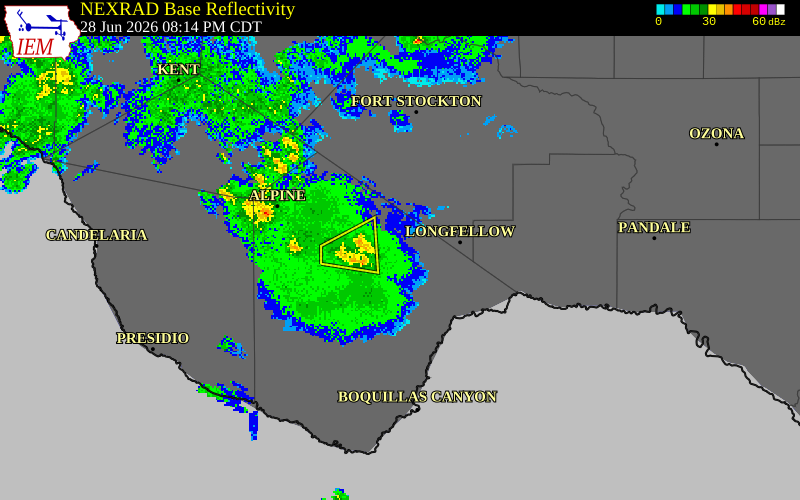 NEXRAD radar during the Sunday, June 28, 2026 storm activity in Brewster County, Texas