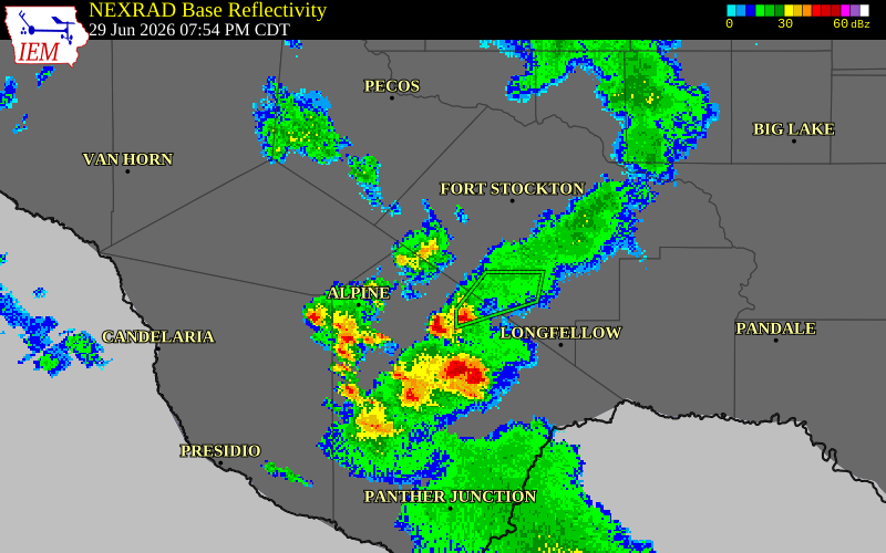 NEXRAD radar during the Monday, June 29, 2026 storm activity in Brewster County, Texas