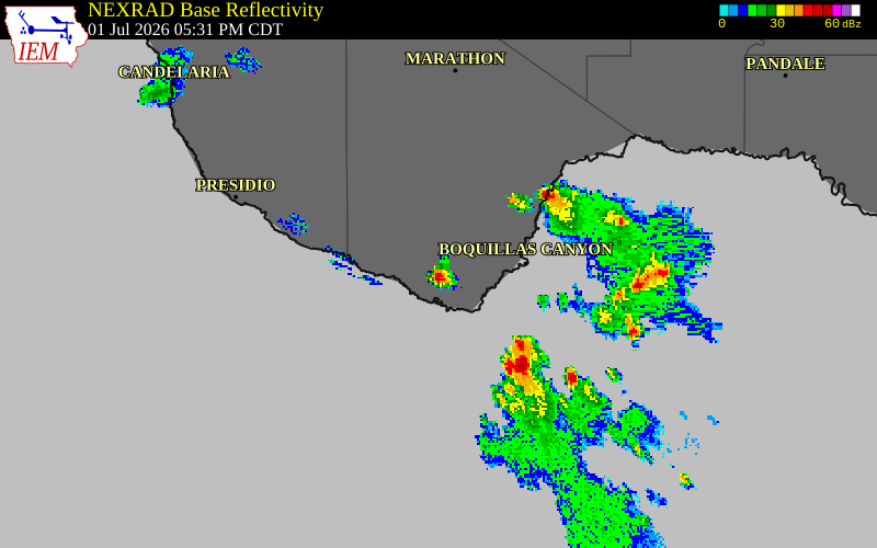 NEXRAD radar during the Wednesday, July 1, 2026 storm activity in Brewster County, Texas