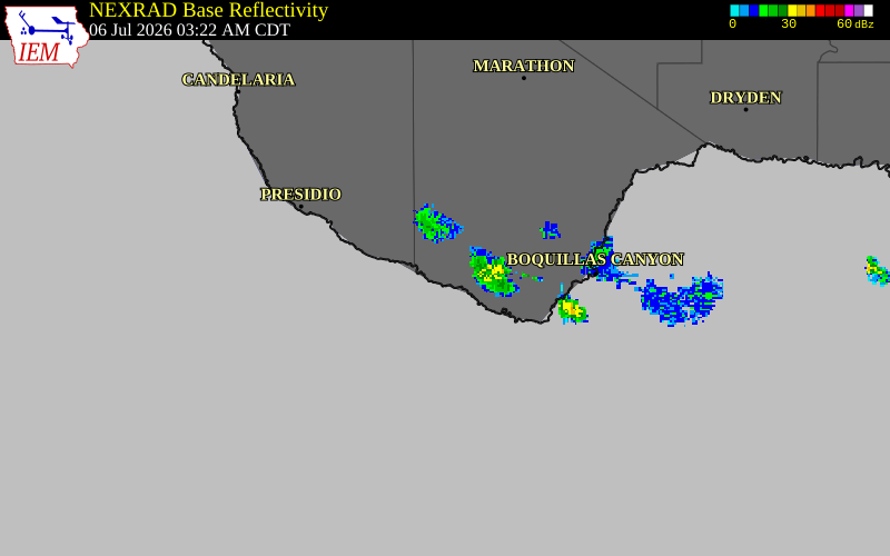 NEXRAD radar during the Monday, July 6, 2026 storm activity in Brewster County, Texas