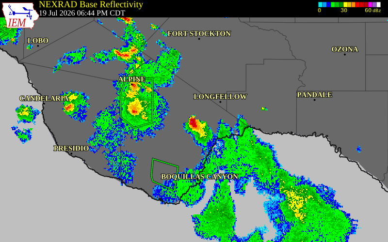 NEXRAD radar during the Sunday, July 19, 2026 storm activity in Brewster County, Texas