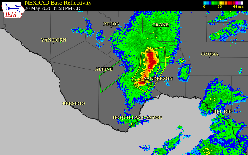 Radar snapshot during the May 20, 2026 hail event near 5 NE Marathon, Brewster County, Texas, with NWS warning polygons