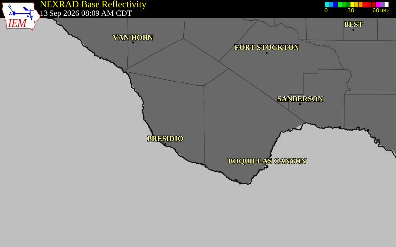 Current NEXRAD radar over Brewster County, Texas with recent storm report locations