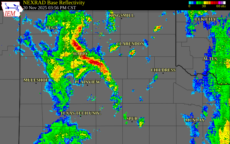 NEXRAD radar during the Thursday, November 20, 2025 storm activity in Briscoe County, Texas